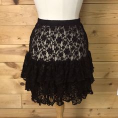 Kings Crown Collection Black Lace Extender Skirt., Style “Marlene.” Three Tiers Of Sheer Lace. Elastic Waist. New In Package. Medium: 26” Waist Unstretched. 18” Long. Tags: Layered Layering Lagenlook Magnolia Pearl Krista Larson Gypsy Hippie Boho Bohemian Festival Rodeo Cowgirl Nfr 103-083