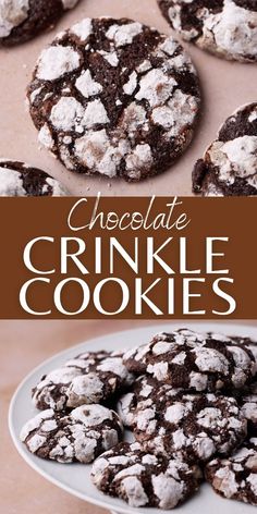 chocolate crinkle cookies with powdered sugar on top and in the foreground