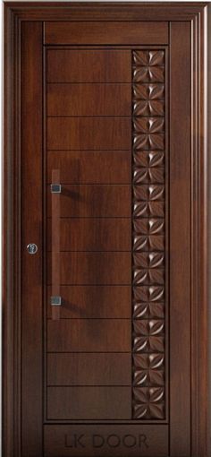 a wooden door with decorative carvings on the front and side panels, in dark wood