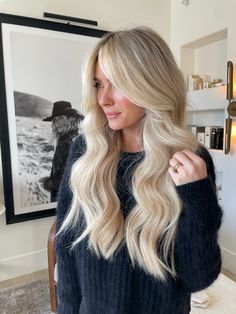 Happily ever allen, natalie mckell hair, hair Platinum Dimensional Blonde, Blonde Hair For Dark Roots, Bright Blonde Balayage Long Hair, Brit Harvey Hair, Bright Blonde Root Smudge, Norwegian Blonde, European Blonde Hair, Bright Blonde Dimensional Hair, Blonde Highlights Full Head