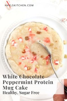 white chocolate peppermin protein mung cake with sugar free toppings on a plate