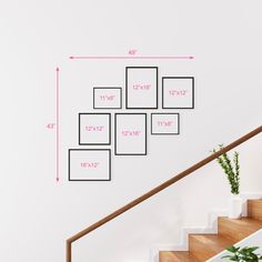 the stairs are lined with white frames and planters on each side, along with measurements to measure them