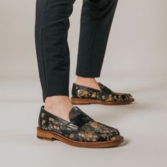 The Fitz Loafer in Eden Noir Floral Dress Shoes, Penny Loafers Men, Leather Sole Shoes, Penny Loafer, Low Sneakers, Unique Aesthetic, Rubber Heels, Penny Loafers, Men Shoes Size