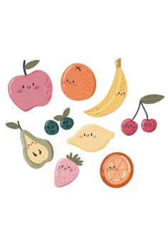 an illustration of fruit with faces drawn on them