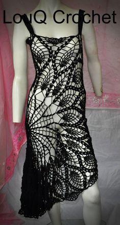 This hand crocheted dress is made from 100% cotton in a fanned out design with a ruffled edge to one side. The dress has a small amount of stretch and will fit size AU 8 to 12 Complicated Crochet, Velvet Spider, Spanish Style Dress, Black Monokini, Crochet Skirt Pattern, Crocheted Dress, Crochet Black, Crochet Midi Dress, Black Crochet Dress