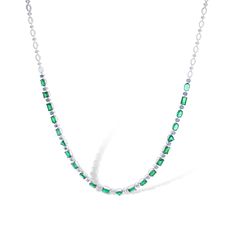 Beautiful 18k white gold necklace with mixed cut emeralds and diamonds. Each different emerald is separated by a diamond in between. This piece has a total emerald carat weight of 17.12 and 4.07 diamond carat weight. The necklace is beautifully crafted to have various stone shapes for a fun elegant look. Emerald Diamond Necklace, Stone Shapes, Grand Seiko, Ulysse Nardin, White Gold Necklace, White Gold Necklaces, Emerald Diamond, Luxury Jewelry, Jewellery And Watches