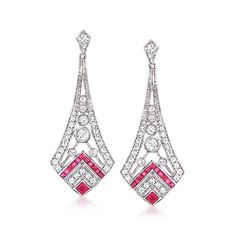 Ross-Simons - C. 1990 Vintage 1.30ct t. w. Diamond, .84ct t. w. Ruby Drop Earrings. C. 1990. From our Estate collection, these dazzling drop earrings have a modern origin that beautifully recalls a bygone aesthetic. 1.30 ct. t. w. round diamonds and .84 ct. t. w. square rubies decorate the geometric-inspired pair, all set in polished platinum for optimum shine and heirloom-worthy appeal. Hanging length is 1 5/8". Post/clutch, ruby and diamond drop earrings. Exclusive, one-of-a-kind Estate Jewelr Ruby Drop Earrings, Gem Jewelry, Ruby Birthstone, Geometric Inspiration, Colored Gems, Art Deco Earrings, Diamond Drop Earrings, Gems Jewelry, Vintage Diamond