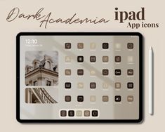 a tablet with icons on it and the text dark academy ipad app icons above it