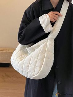 Bird in Bag - Beige Womens Large Capacity Gid Pattern Embroidered Shoulder Bag Casual Solid Color Winter Bag, Cream Shoulder Bag For Winter Travel, Winter Travel Cream Shoulder Bag, Casual Beige Shoulder Bag For Winter, Casual Winter Beige Shoulder Bag, Trendy White Quilted Shoulder Bag, Casual Winter Hobo Bag For Travel, Casual Quilted Shoulder Bag For Shopping, Casual Cream Bags For Winter