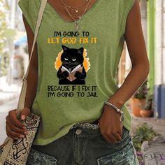 Lasaky - Womens Sleeveless V-Neck Cartoon Cat Print Tank Top - Stylish Casualwear for Spring & Summer Women Slogan, Cheap Tank Tops, Cheap Clothing, Slogan T Shirt, V Neck Tank Top, Women T Shirts, Tshirt Design, Print Tank, Cartoon Cat