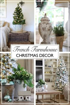 french farmhouse christmas decor collage with white and green trees, potted plants, vases