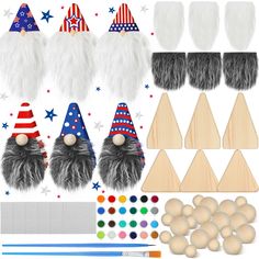 an assortment of party supplies including gnome hats, wooden pegs, and colored pencils