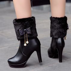 Winter Women Warm Fur Boots Ankle Boots High Heels Ladies Shoes Femme Bow Chain Pearl Short Boots Boots High Heels, Boots High, Ladies Shoes, Fur Boots, Boots Ankle, Short Boots, Winter Women, Shoe Boots, Ankle Boots