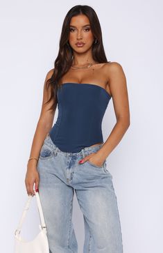 The Let It Go Strapless Bustier Petrol. Head online and shop this season's latest styles at White Fox. Express delivery and AfterPay available. Going Out Tops For Big Bust, Birthday Going Out Outfit, Ashleigh Menin, Strapless Top Outfit, 21 Birthday, Strapless Bustier, Top Jeans, Dream Aesthetic, Strapless Bandeau