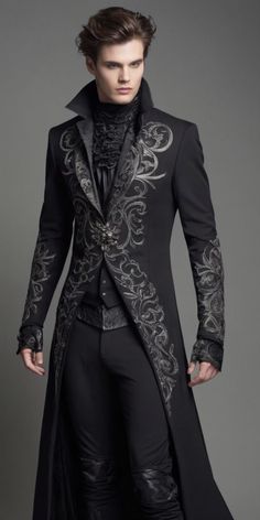 Gothic Steampunk Men, Black Royal Outfits Male, Medieval Gothic Fashion Male, Royalty Clothes Men, Fantasy Mens Outfits, Cape Outfit Men, Gothic Suit Mens, Formal Fantasy Outfits Male, Fantasy Formal Wear Male