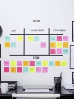 a desk with a clock, keyboard and various sticky notes on it's wall