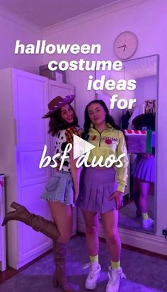 two girls dressed up in halloween costumes standing next to each other with the caption best friends