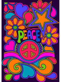 the word peace surrounded by colorful flowers and hearts on a black background greeting card with an abstract