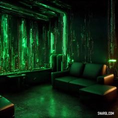 a living room filled with furniture and green lights on the walls, in front of a window