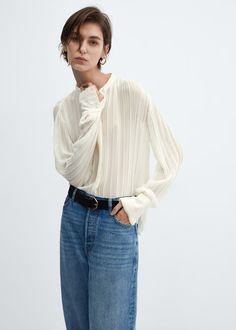 Semi-transparent pleated blouse - Woman | MANGO USA Ankle Cuff Heels, Oversized Wool Coat, Mango Blouse, Flowy Shirt, Pleated Long Skirt, Checked Scarf, Pleated Blouse, Straight Trousers, Cable Knit Cardigan