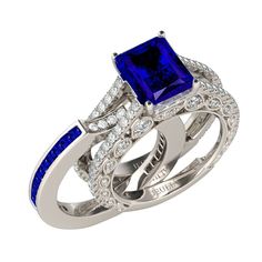 an engagement ring set with blue sapphire and diamonds