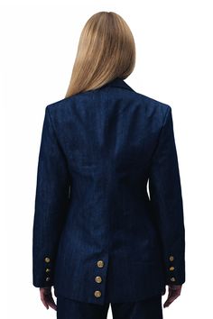 Demi Denim Suit - Blazer Key Features: Durable navy blue denim Three gold buttons Satin lining Two pockets Made in the USA Details: The Demi Denim Suit Blazer in navy blue offers a classic, timeless look. Made from durable denim with three gold buttons and satin lining, this blazer provides both style and comfort. The two pockets add practical convenience. Content + Care: Fabric: Premium Denim CottonCare instructions: Dry clean only.Core Values & Sustainability Commitments: ensuring the reductio Tailored Denim Blazer With Button Closure, Classic Denim Blazer With Buttons, Tailored Denim Blazer, Classic Denim Blazer With Pockets, Blue Jeans With Buttoned Pockets For Work, Classic Blue Denim Blazer, Denim Blue Blazer With Buttons, Denim Blazer With Buttons In Dark Wash, Dark Wash Denim Blazer With Buttons