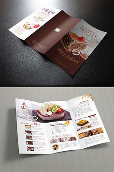 an open brochure is shown on top of a black table and bottom shows the same food item