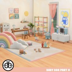 a child's room with toys and decor in pastel colors on the floor