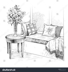 a couch with pillows and flowers in a vase on the end table hand drawn sketch