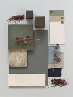 an assortment of different colors and materials arranged on top of each other, including paint swatches