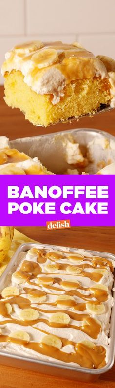 there is a cake with bananas on it and the words banoffee poke cake