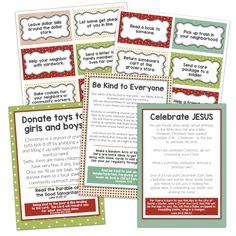 four christmas gift tags with the words, celebrate jesus and be kind to everyone on them