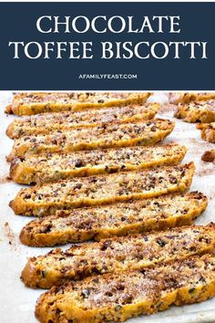 chocolate toffe biscotti on a baking sheet with the title in the middle