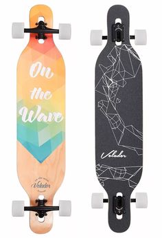 two skateboards with different designs on them, one is black and the other is orange