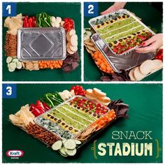 four pictures showing how to make a snack stadium