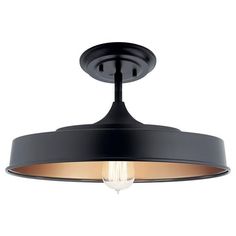 a black ceiling light with an orange light bulb on the bottom and one light in the middle