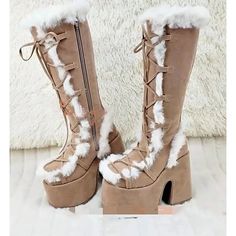 Women's Platform Fur-Lined Lace-Up Boots in Pastel Colors - Trendy Winter Fashion Footwear with Chunky Heels 2024 - $84.99 Fuzzy Boots Platform, White Fur Platform Boots, Fluffy Long Boots, Thigh High Fluffy Boots, Fuzzy High Boots, Platform Boots With Fur, Pure Vigilance Boots, Fizzy Boots, Platform Boots Winter