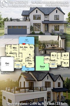 two story house plan with 3 car garage and 2 bedroom, 1 bath apartment on the first floor