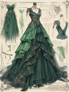 Dark Green Dress Aesthetic, Grand Dresses, Cottagecore Gown, Royalty Outfits, Creative Dresses, Magical Dress, Whimsical Dress, Fantasy Dresses, Fashion Drawing Dresses