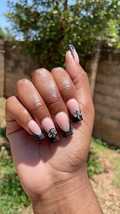 Croc print nails black french tip nails with charms Croc Print Nails With Charms, Black Croc French Tip Nails, Crocodile French Tips, Black Croc Nails, French Tip Nails With Charms, Black Nails With Charms, Nails Black French Tip, Nails Black French