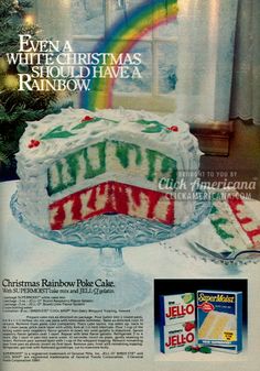 an advertisement for jello cake with rainbow frosting on it and a christmas tree in the background