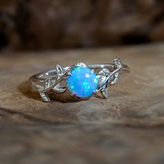 Silver Leaf Branch Azure Light Blue Opal Ring Dragon Breath Opal Wedding Ring, Pink Opal Ring, Opal Wedding Band, Blue Opal Ring, Opal Wedding, Cute Engagement Rings, Opal Wedding Rings, Leaves Design, Opal Engagement