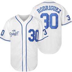 Benny The Jet Rodriguez Sandlot Jersey - White Blue Benny The Jet Rodriguez Jersey, The Sandlot Benny, Baseball Jersey Fashion, Sandlot Benny, Benny The Jet Rodriguez, Baseball Movies, Stitched Letters, Hip Hop Party, Sandlot