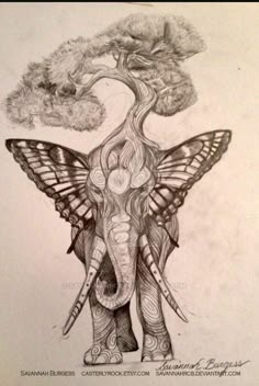 a drawing of an elephant with a tree in its trunk and wings on it's back