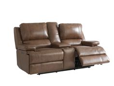 the reclining loveseat has two seats and is made out of brown leather