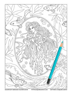 an adult coloring page with a mermaid and fish in the water, surrounded by plants