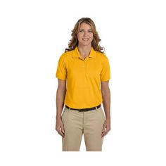 65 polyester, 35 cotton piqu Wrinkle-resistant Special poly/cotton blend creates soft silky hand and helps reduce shrinkage Flat-knit collar and cuffs Hemmed bottom with side vents Sideseamed Three-button placket Set-in sleeves Softly shaped for more flattering feminine fit Size: XL.  Color: Yellow.  Gender: female.  Age Group: adult. Fitted Yellow Classic Polo Shirt, Classic Fitted Yellow Polo Shirt, Fitted Yellow Polo Shirt For Spring, Polo Shirt Style, Shirts Style, Pique Polo Shirt, Polo Shirt Women, Knit Collar, Collar And Cuff