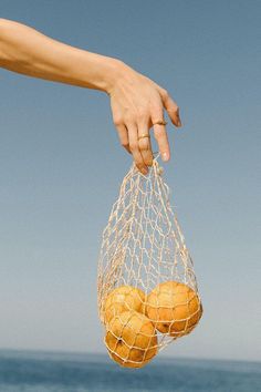 a person holding a bag full of oranges on the beach with water in the background