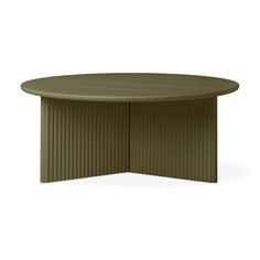 a round table with pleated design on the top and bottom, in olive green