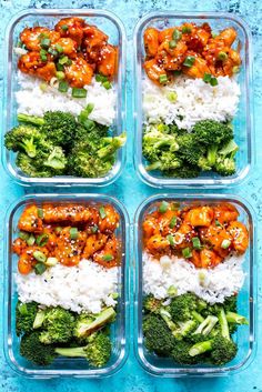 four plastic containers filled with rice, broccoli and carrots covered in sauce